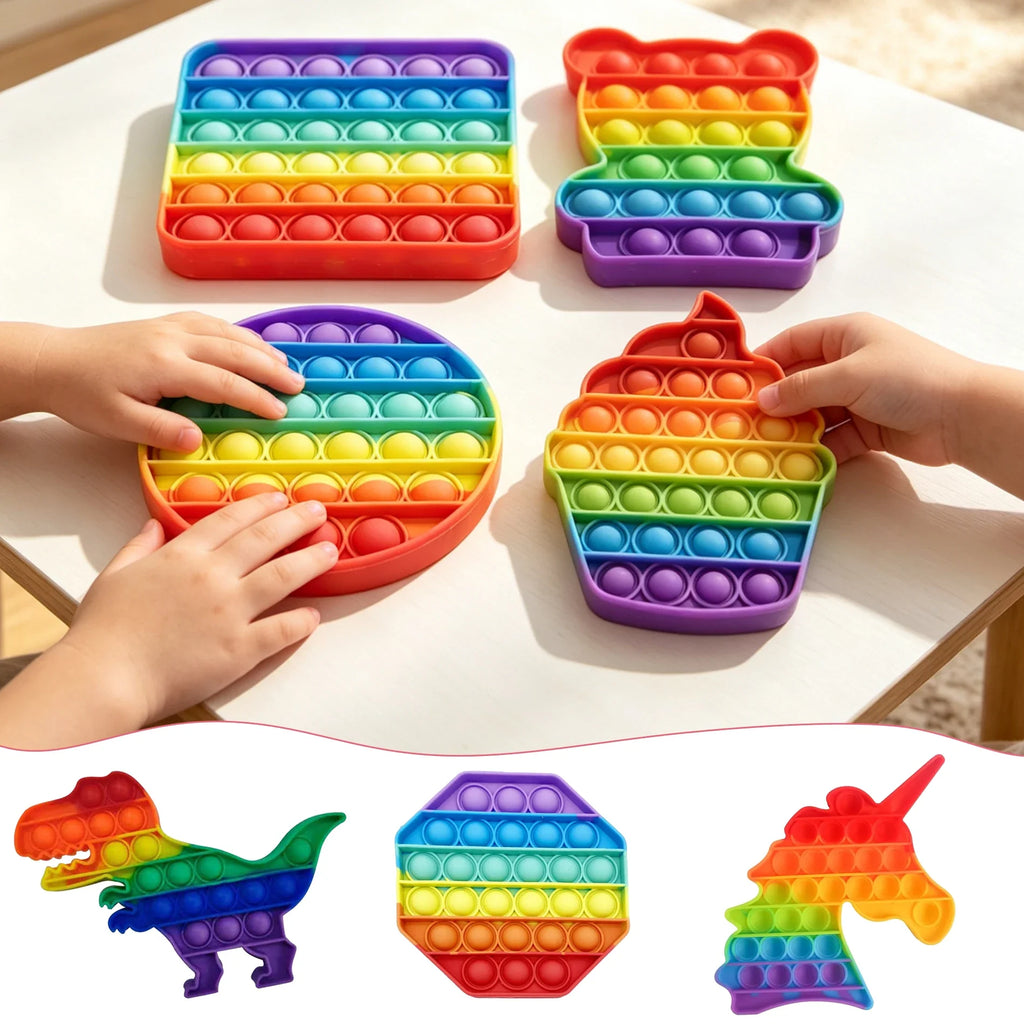 Rainbow Square Round Fidget Toys Push Bubble Sensory 20cm