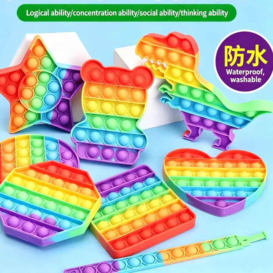 Rainbow Square Round Fidget Toys Push Bubble Sensory 20cm