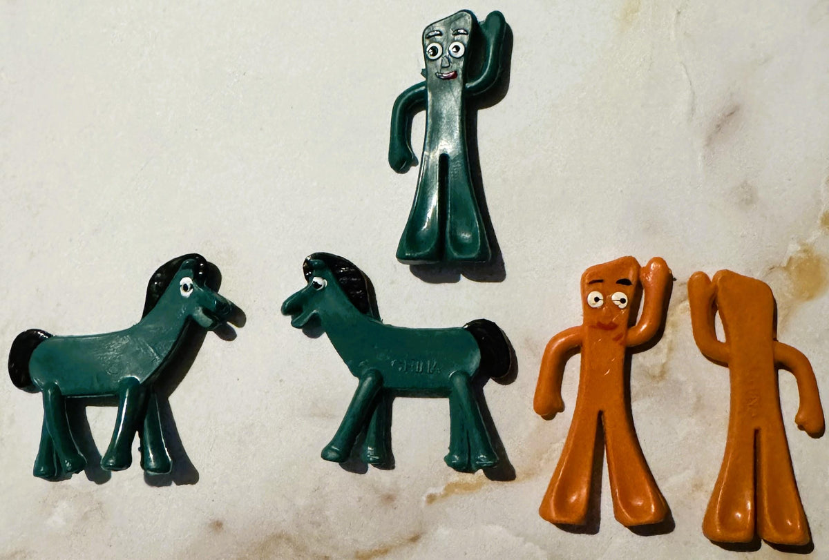 Vintage 1980s Gumby & Pokey Bendable Figures 🟢 Set of 5 or 4, Teal & Orange Plastic Toys, CHINA Mark Figurine