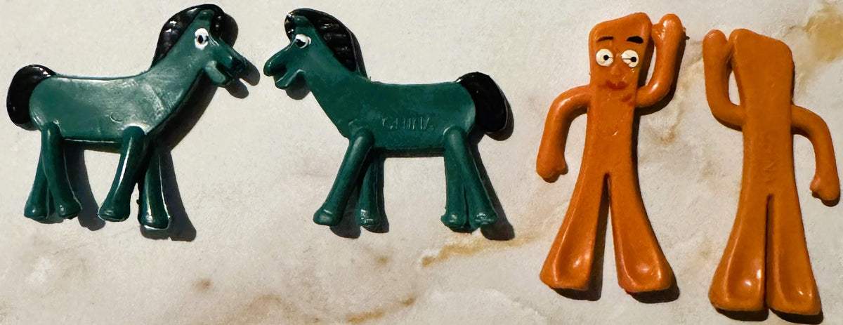 Vintage 1980s Gumby & Pokey Bendable Figures 🟢 Set of 5 or 4, Teal & Orange Plastic Toys, CHINA Mark Figurine